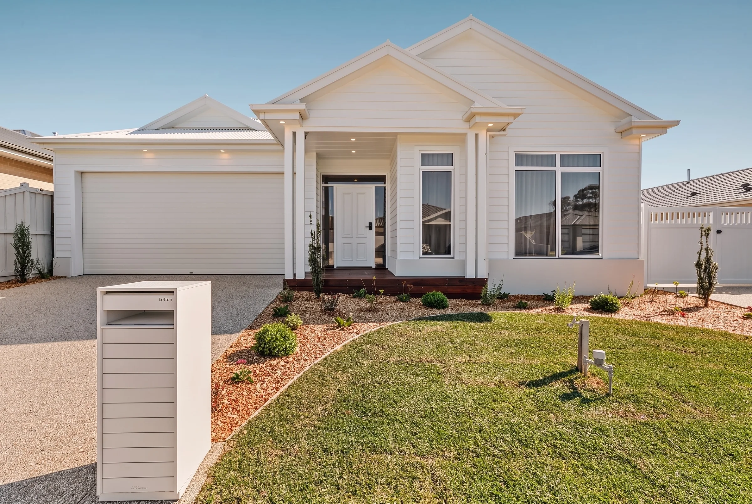 Hamptons-style new home with white weatherboards and a landscaped front